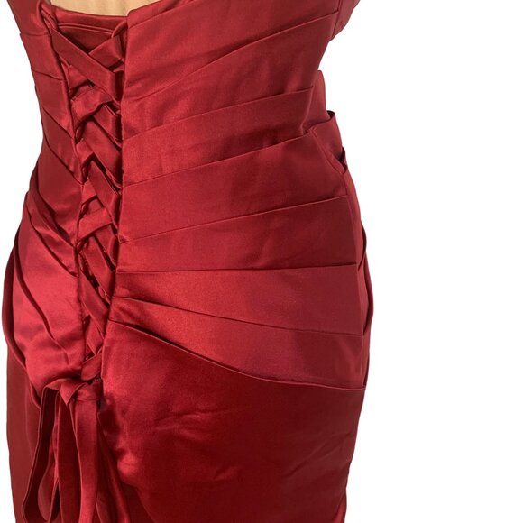 Glam Strapless Red Satin Pleated Cocktail Dress Corset Back M Hoco Bridesmaid - Picture 8 of 10
